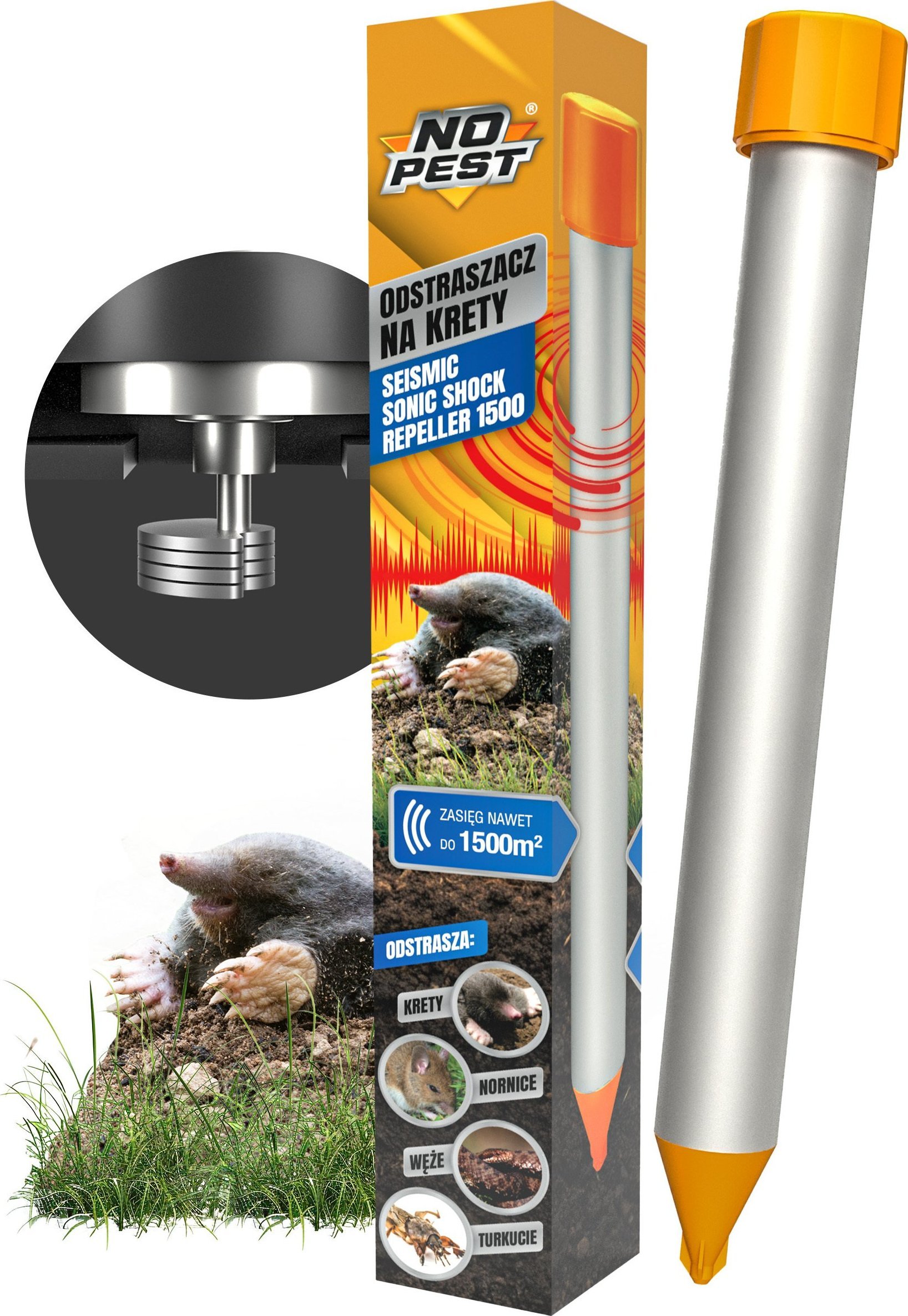 Odstraszacz na Krety Nornice Węże Turkucie Szczury Odstraszacz Kretów Nornic Gryzoni do 1500 m