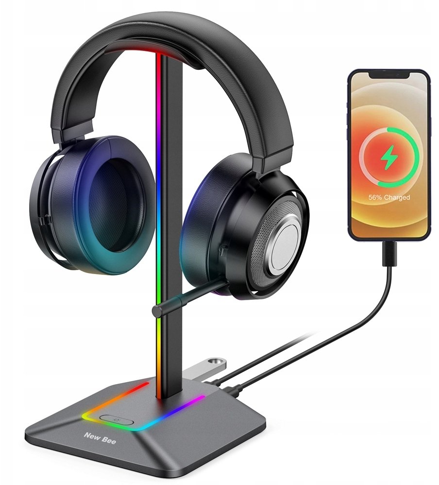 STOJAK STATYW NA SŁUCHAWKI NEW BEE GAMINGOWY PODŚWIETLENIE RGB LED HUB USB