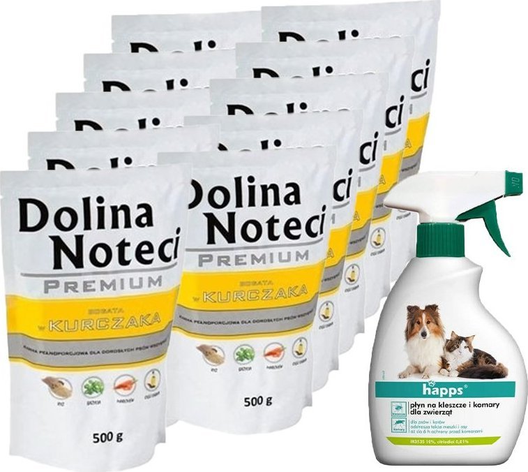 Dolina Noteci Dolina Noteci PREMIUM bogata w kurczaka 10x500g + HAPPS - płyn na kleszcze i komary dla zwierząt 200ml