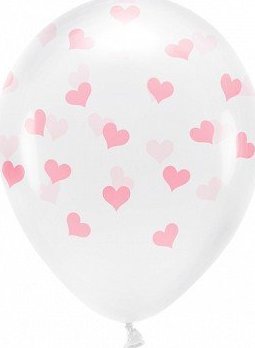 PartyDeco Balony lateksowe transparentne w różowe serca 6szt