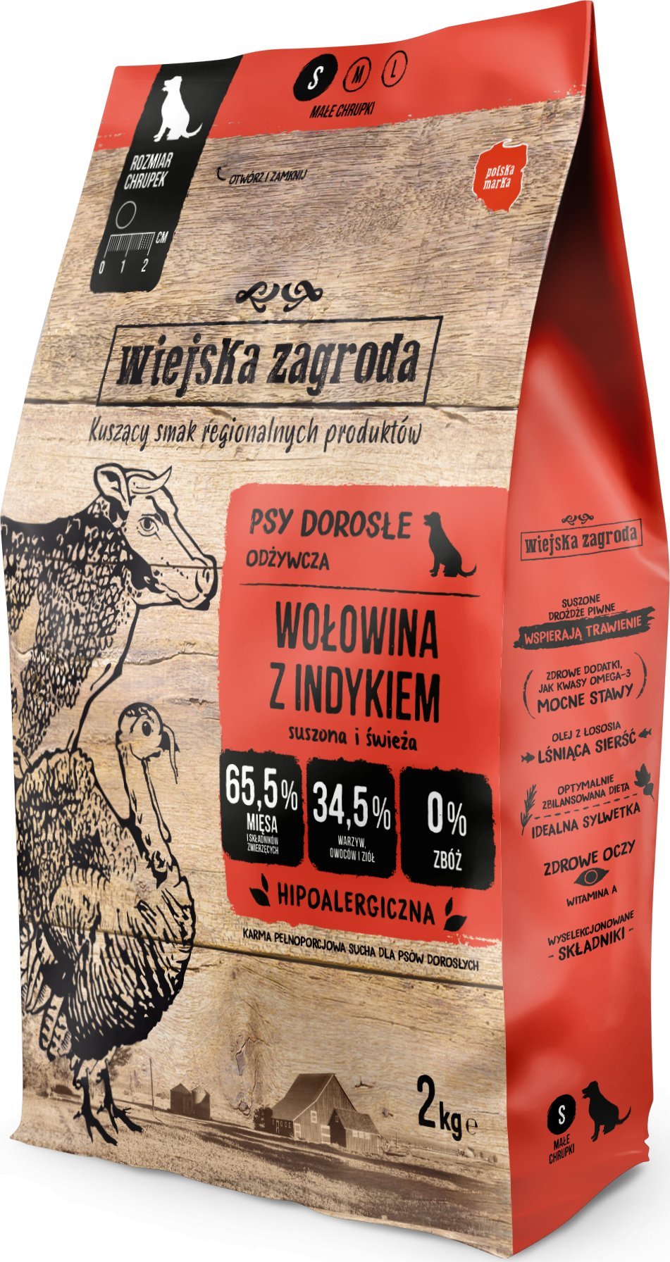 Wiejska Zagroda Karma sucha dla psa Wołowina z indykiem (dorosły) chrupki S 2kg