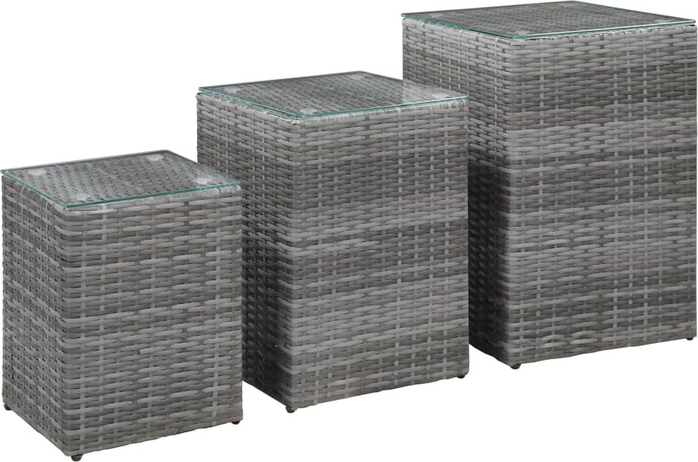 vidaXL Stoliki boczne, 3 szt., szklane blaty, szare, polirattan