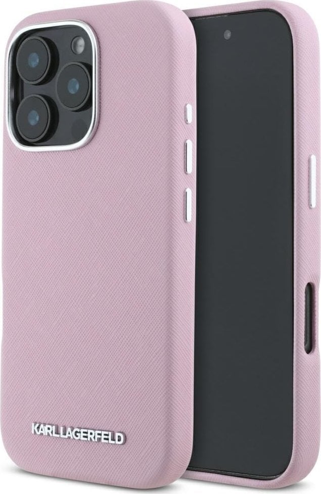 Karl Lagerfeld Saffiano Full Wrapped Elongated Metal Logo MagSafe Case for iPhone 16 Pro Max Pink