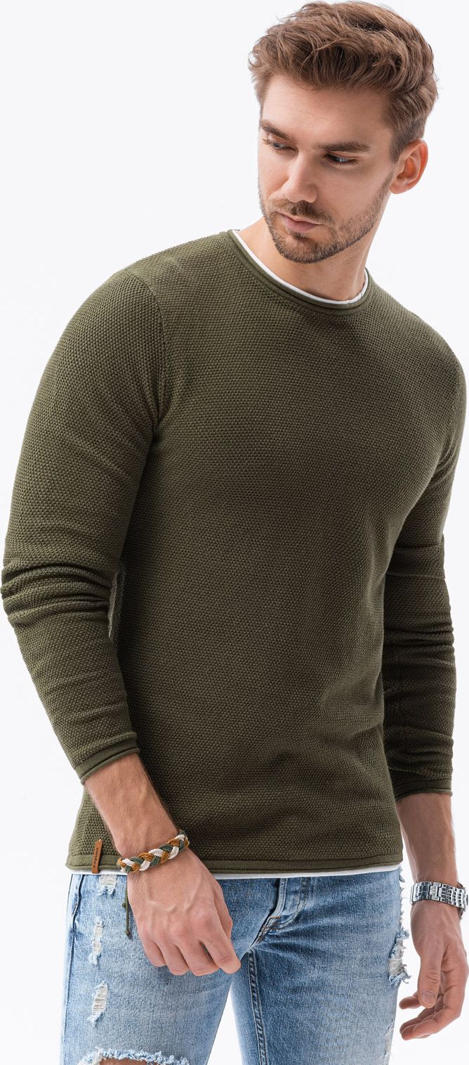 Ombre Sweter męski E121 - oliwkowy XXL