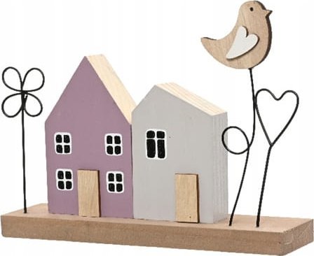 Stojąca figurka drewniana domki z ptakiem i kwiatami 16x12cm