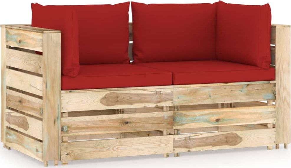 vidaXL Ogrodowa sofa 2-os z poduszkami, impregnowane drewno, czerwona