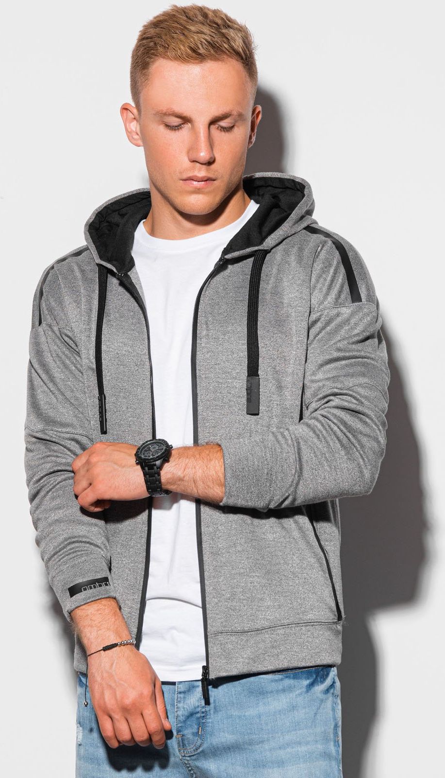 Ombre Bluza męska rozpinana z kapturem B1205 - czarny melanż S