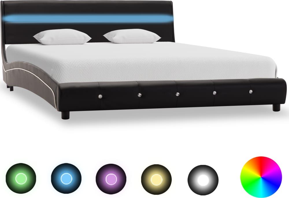 vidaXL Rama łóżka z LED, czarna, sztuczna skóra, 135x190 cm