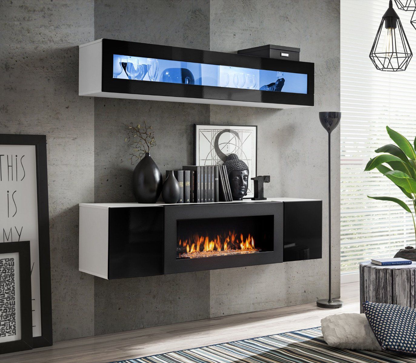 ASM Meble Meblościanka FLY N2 czarny połysk/biały mat z biokominkiem