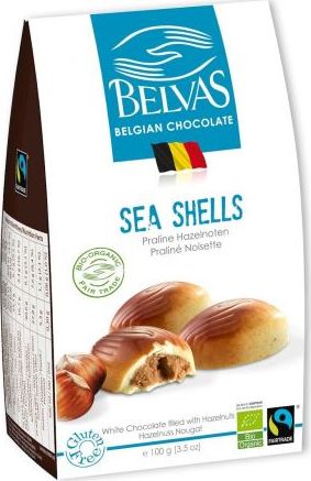 Belvas Belgijskie czekoladki białe z nadzieniem orzechowym Sea Shells bezglutenowe fair trade bio 100 g - Belvas