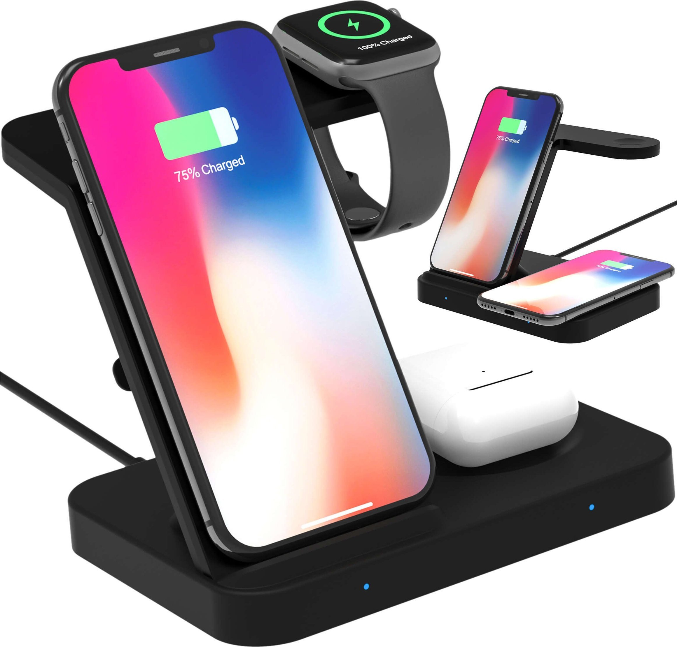 Ładowarka 4kom.pl Ładowarka indukcyjna Qi 15W do iPhone Apple Watch AirPods bezprzewodowa 3w1 Stacja dokująca Czarna