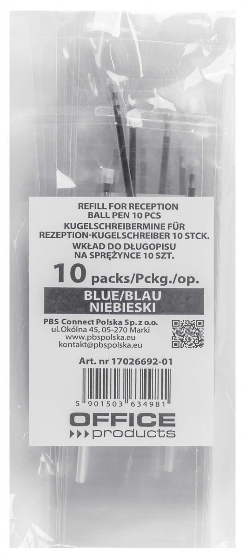 Wkład do długopisu OFFICE PRODUCTS, do długopisów na sprężynce i na łańcuszku, 10 szt., niebieski