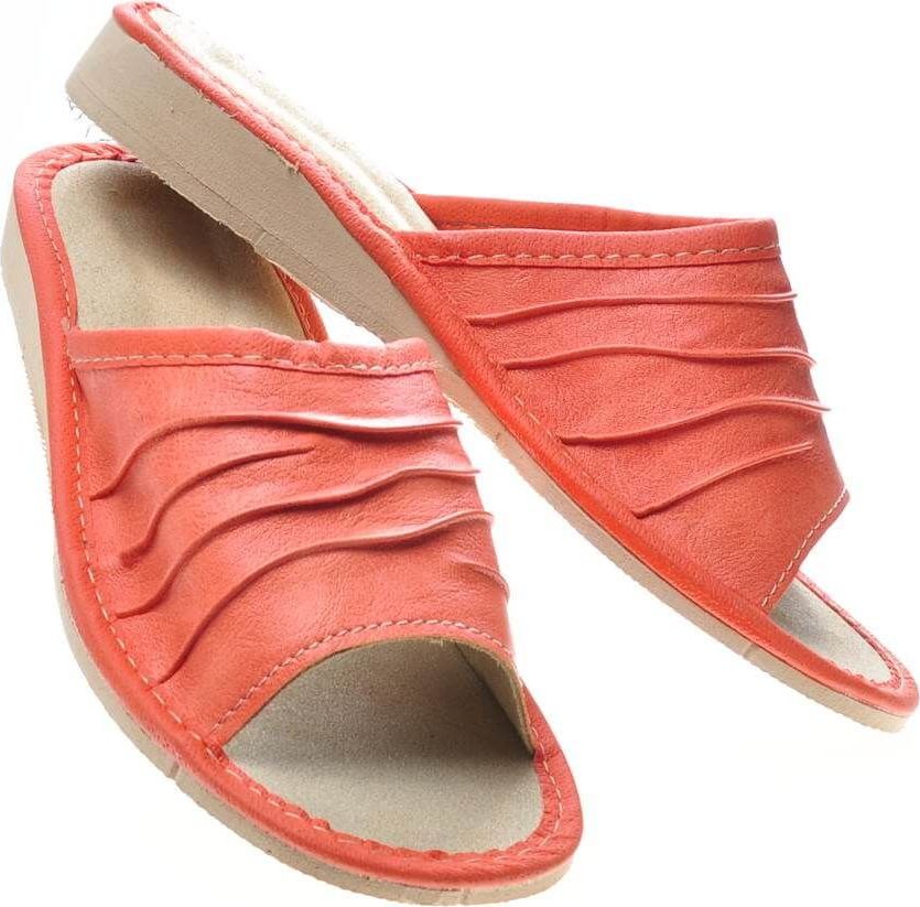 Pantofelek24 Marszczone klapki domowe z naturalnej skóry Pomarańczowe /B1-1 4828 S172/ 41