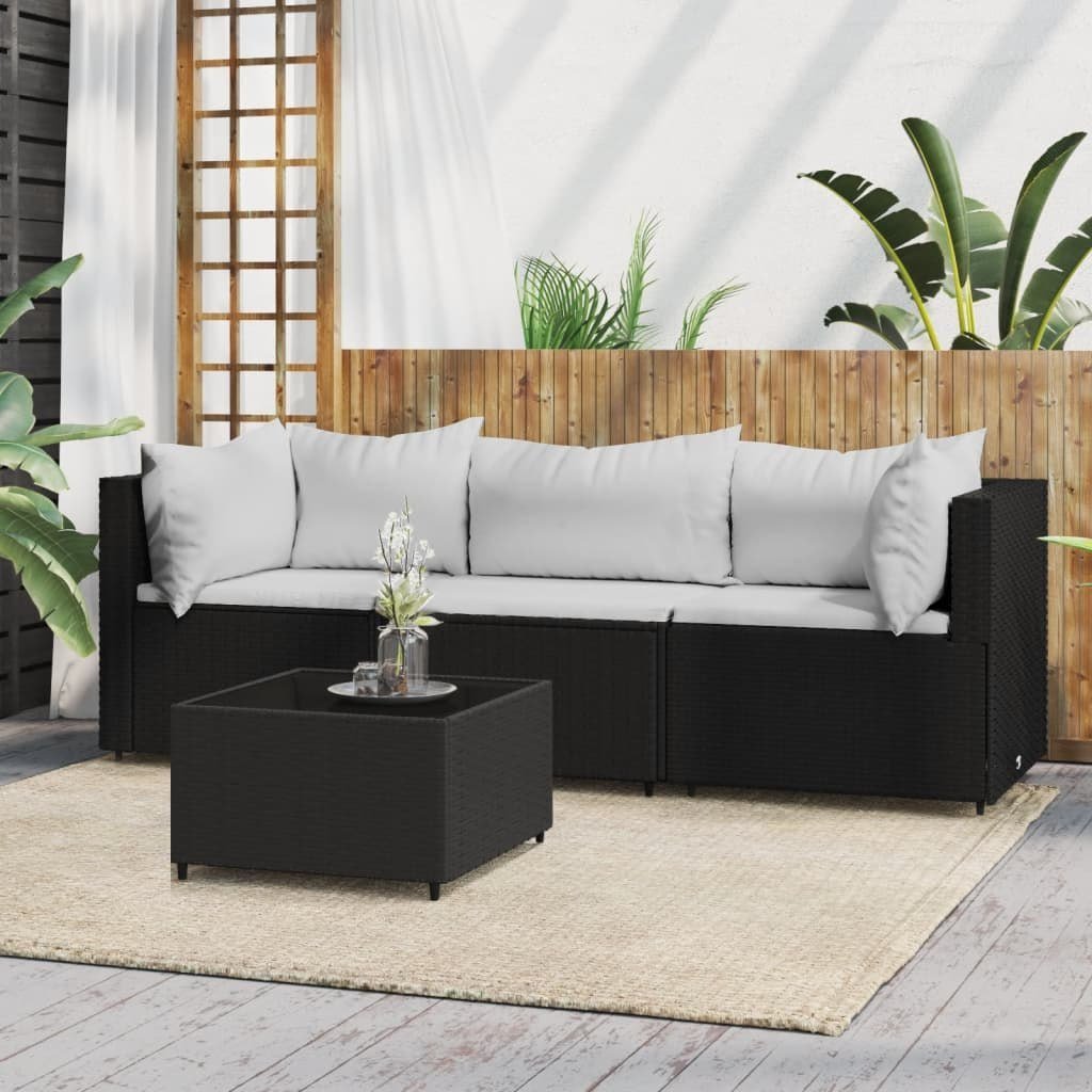 vidaXL VidaXL 4 Piece Patio Lounge Set with Cushions Black Poly Rattan