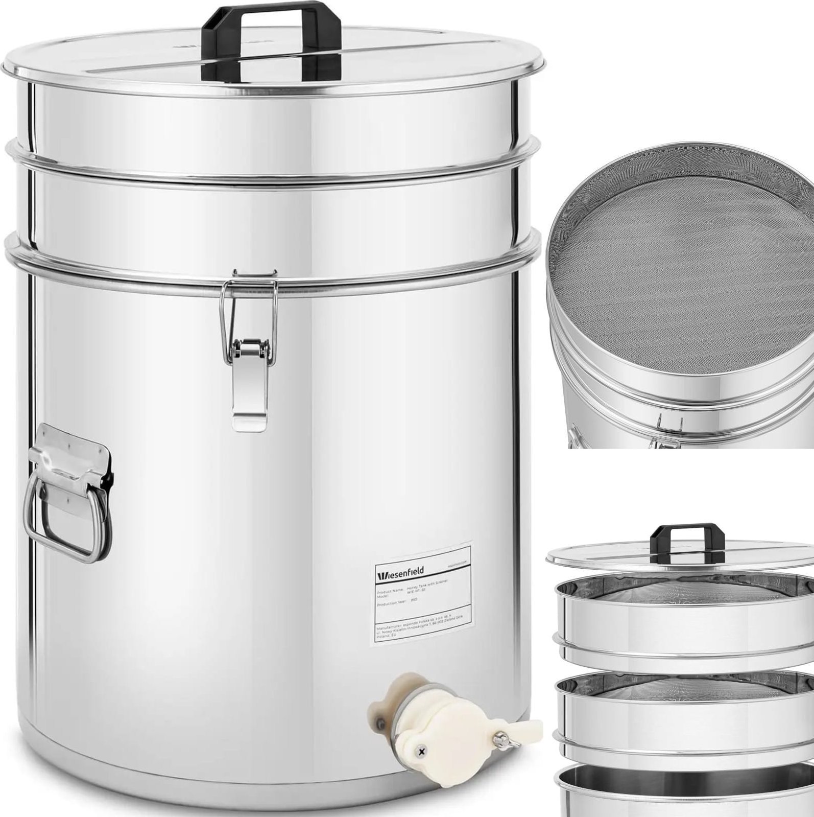 Odstojnik do miodu z sitkiem pokrywką i zaworem STAL 30 l