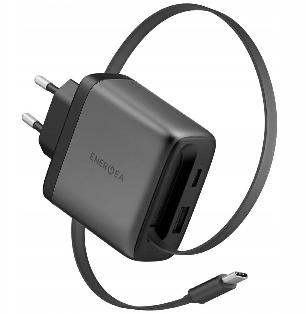 Ładowarka Energea Ładowarka sieciowa Ampcharge Arc 65 USB-A/USB-C + zwijany kabel USB-C PD/PPS/QC3.0 GaN gunmetal