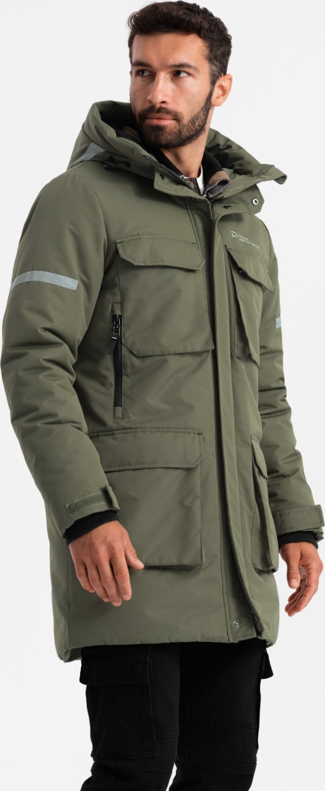 Kurtka męska Ombre Ocieplana długa kurtka męska z odblaskowymi elementami oliwkowa V3 OM-JALJ-0169 M