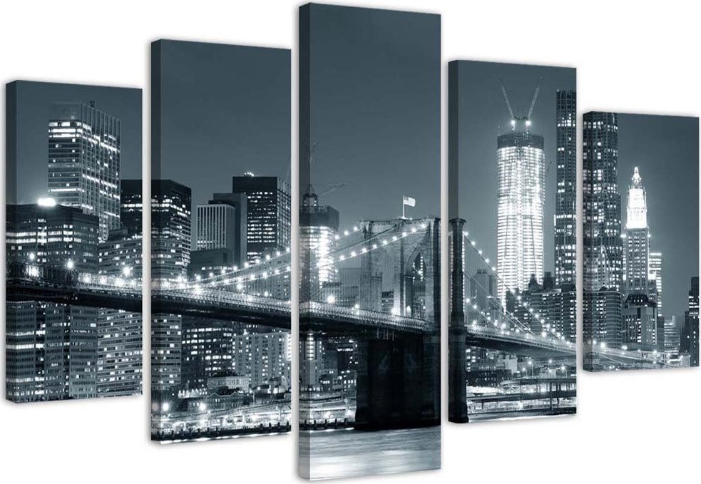 Feeby Obraz 5 częściowy na płótnie, Most Brookliński czarno-biały - 150x100