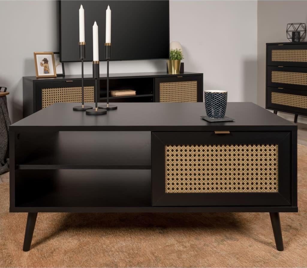 Finori Finori Stolik kawowy Vienna 55A, czarny z detalami w stylu rattanu