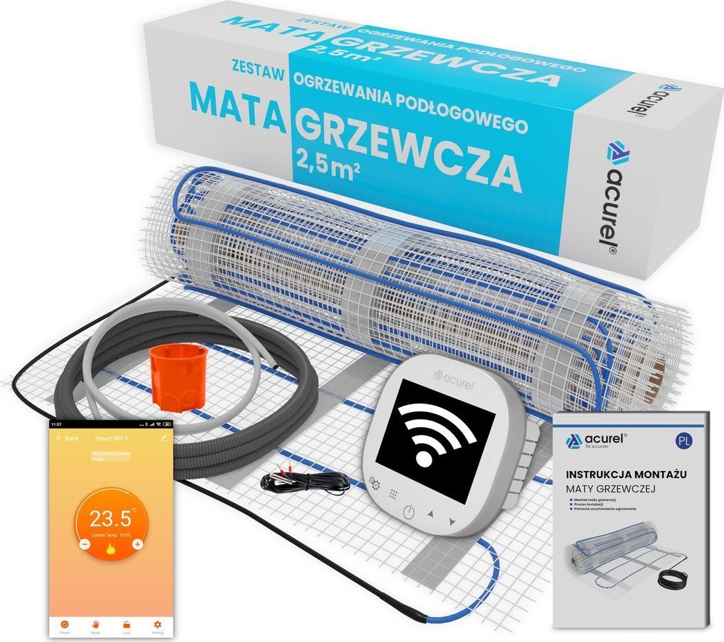Acurel Termostat sterownik WiFi 16A + czujnik podłogowy + mata grzewcza 2.5m2 oraz akcesoria do montażu uniwersalny
