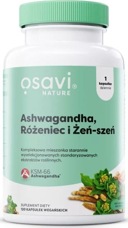 Osavi Osavi Ashwagandha KSM-66, Różeniec i Żeń-szeń - 60 kapsułek