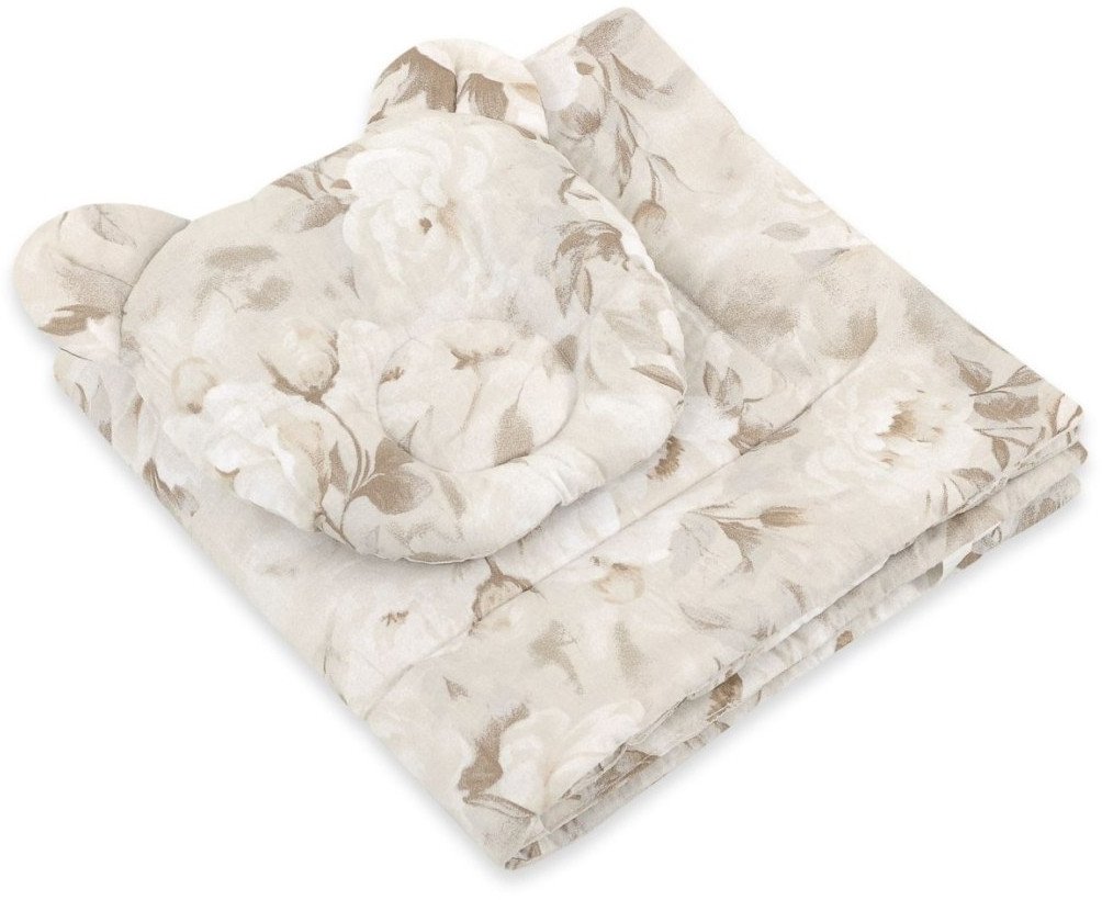 Kołderka z wypełnieniem i poduszka profilowana Miś - zestaw 2cz. - Peonies beige