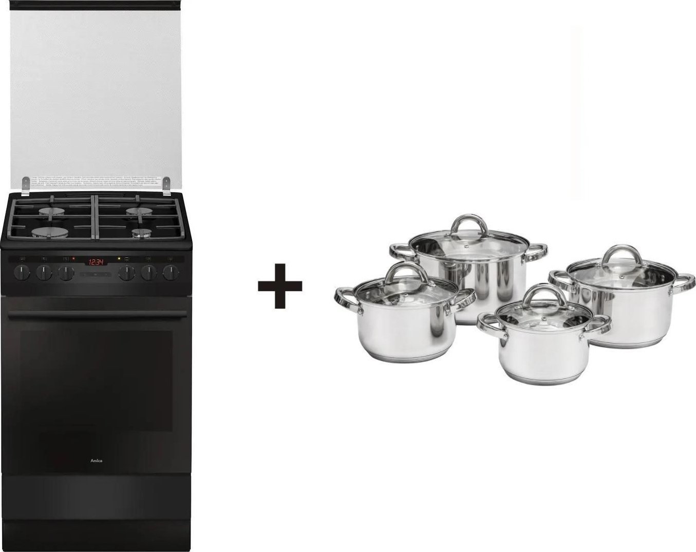Kuchnia wolnostojąca Amica AMICA Kuchenka 57GES3.43HZpTaDNA(Bm) + AMBITION- Komplet garnków Berry 8-elementowy (68879)