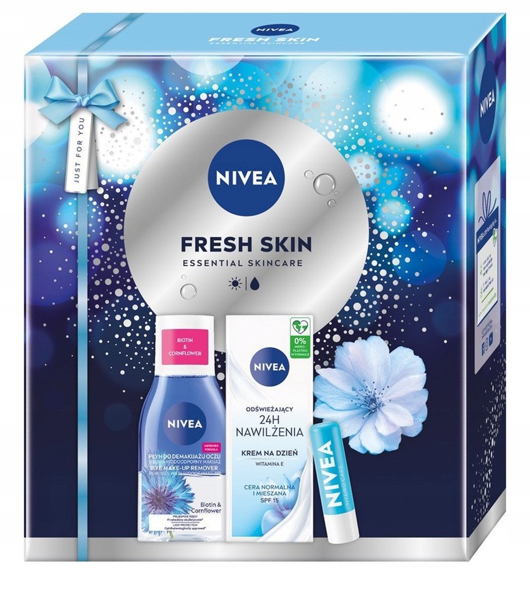 NIVEA_SET Fresh Skin Odświeżający krem na dzień 24h nawilżenia SPF 15 50ml + Dwufazowy płyn do demakijażu oczu 125ml + Hydro Care SPF15 pielęgnująca p