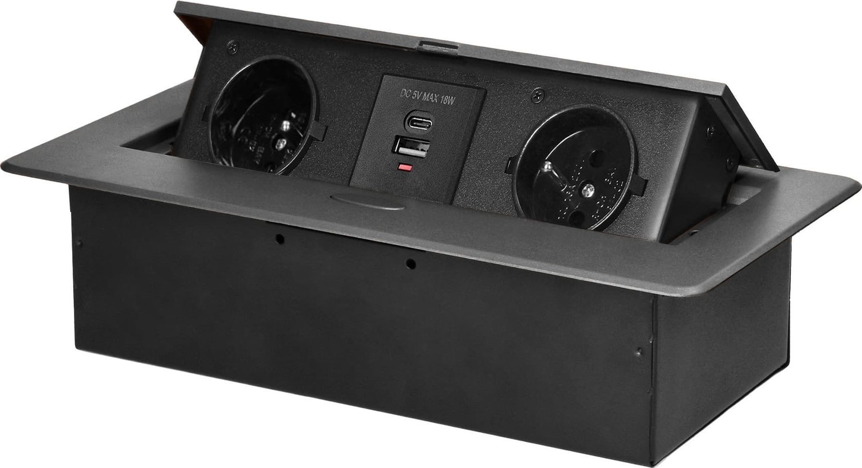 Orno Gniazdo meblowe Orno OR-GM-9034/GR wpuszczane w blat z płaskim frezowanym rantem i ładowarką USB, 2x2P+Z, 2xUSB (typ A+C; 3,6A), grafitowe