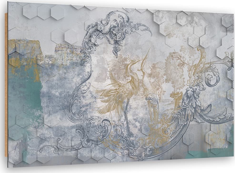 Feeby Obraz Deco Panel, Szare ptaki na geometrycznym tle (Rozmiar 100x70)