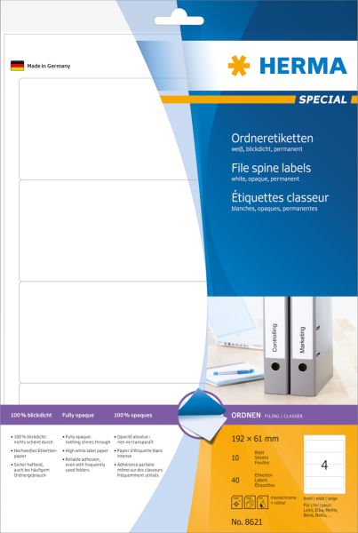Herma Etykiety Special na segregatory, A4, białe, papier matowy nieprzejrzysty, 40 szt., zaokrąglone narożniki. (8621)