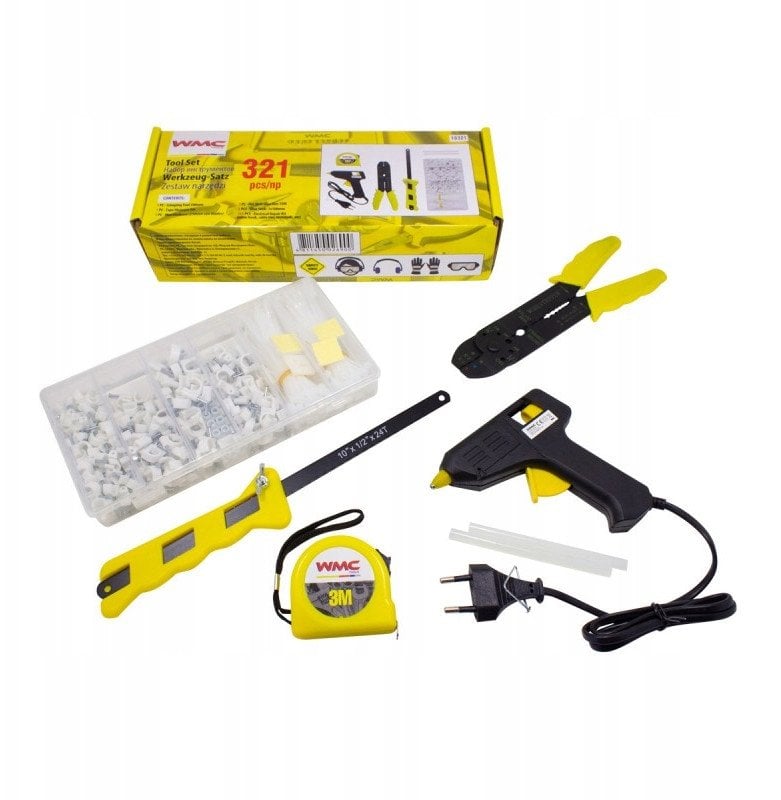 Zestaw narzędzi 321el. (pistolet na gorąco, miarka 3m, opaski zaciskowe, piła do metalu)