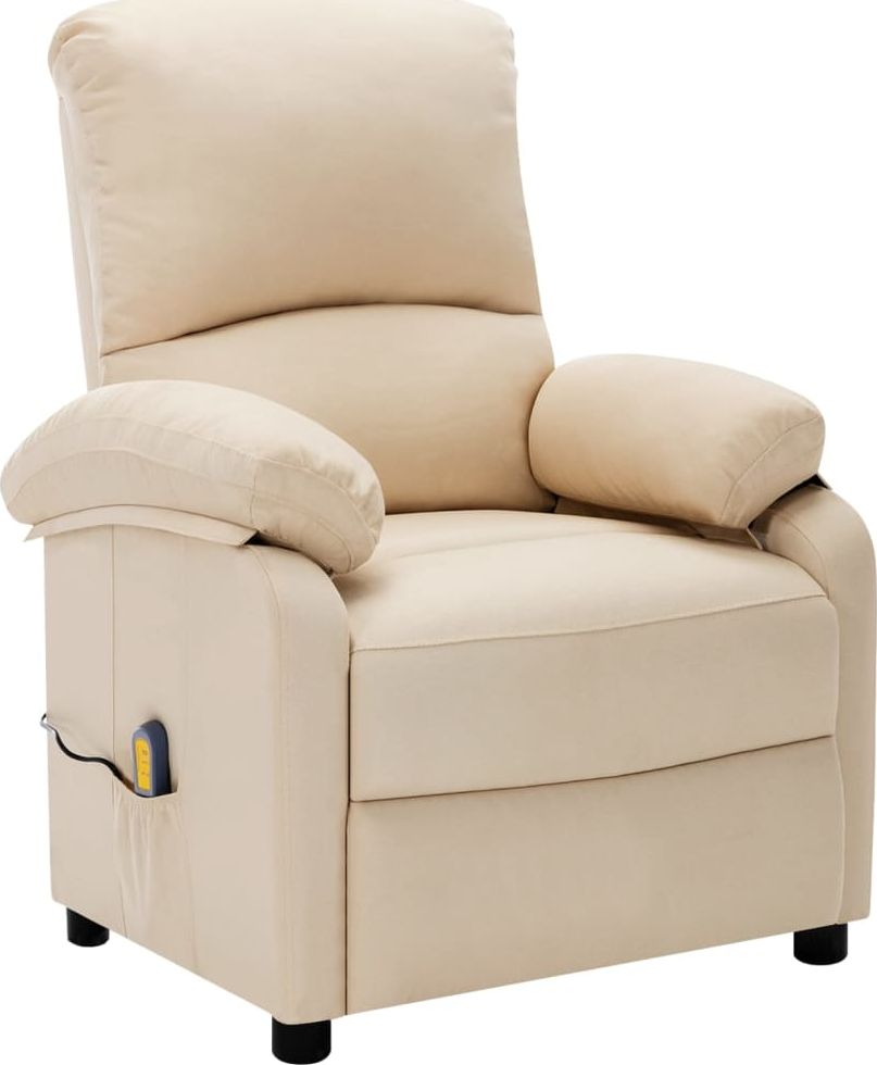 vidaXL Rozkładany fotel masujący, kremowy, obity tkaniną