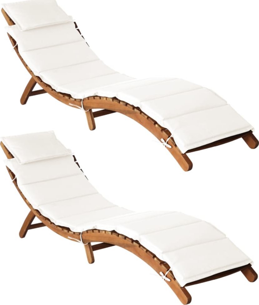 vidaXL vidaXL Leżaki z poduszkami, 2 szt., kremowe, lite drewno akacjowe
