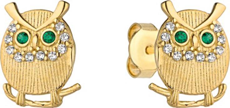 Lovrin Złote kolczyki 585 sowa z szmaragdowymi oczkami