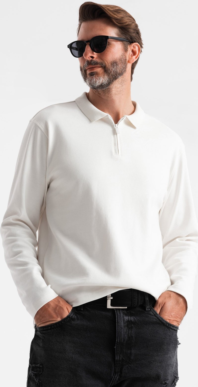 Męski longsleeve polo z zapinanym na zamek kołnierzykiem biały V1 OM-POLS-0130 S