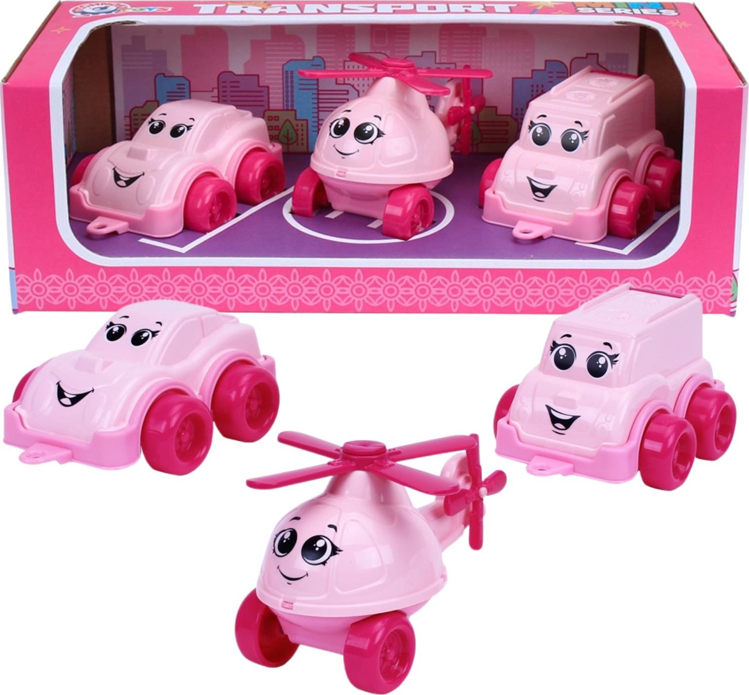 Zestaw Różowych Samochodów Pojazdy Mini Helikopter Minibus Urocze Buźki