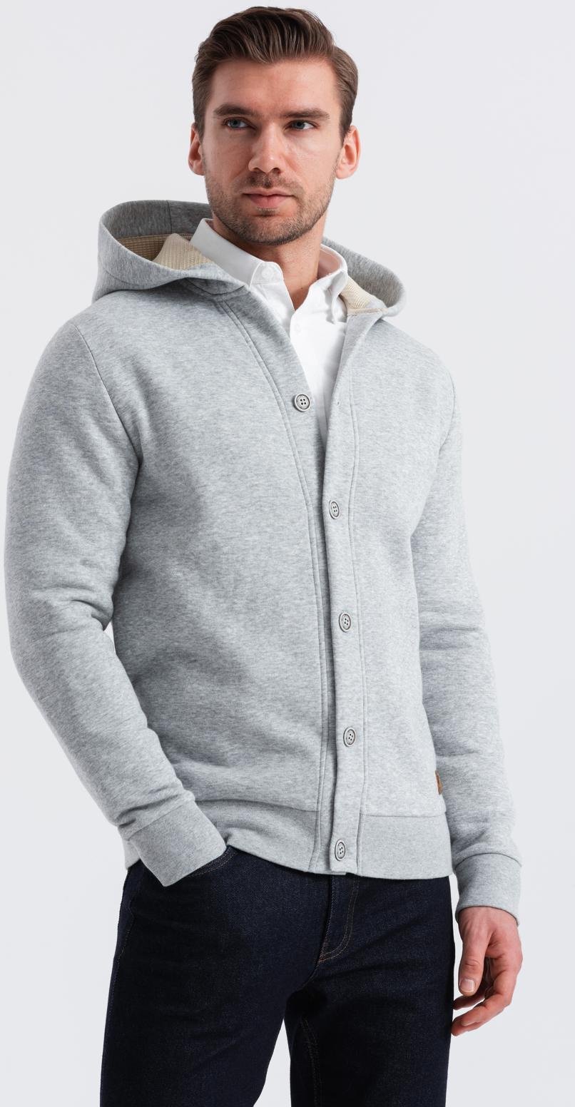 Męska dresowa bluza z kapturem zapinana na guziki szary melanż V2 OM-SSZP-0186 L