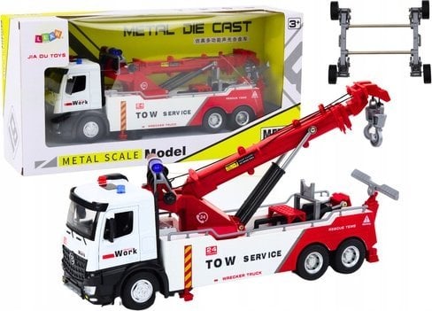 LeanToys Ciężarówka Z Dźwigiem Dwa Haki Metalowa Biało-Czerwona Światła Dźwięki