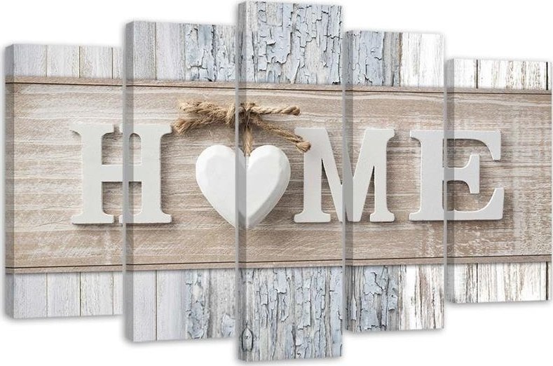 Feeby Obraz pięcioczęściowy na płótnie, Napis Home w skandynawskim stylu - 150x100