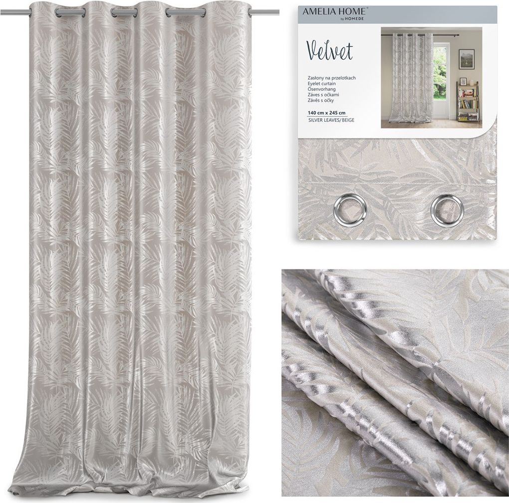 AmeliaHome CURT/AH/VELVET/SILVERLEAVES/BEIGE/140X245