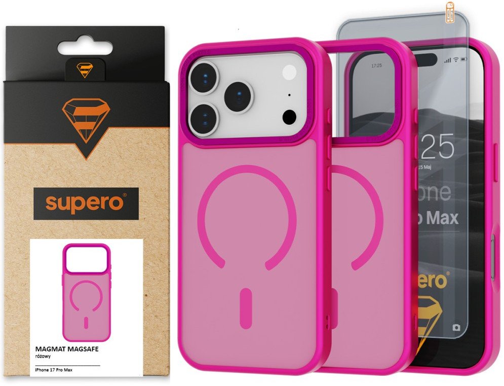 Etui matowe Supero Magmat MagSafe do iPhone 17 Pro Max, różowe + szkło