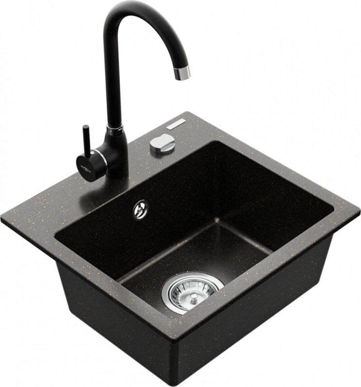 Zlewozmywak Mexen Mexen Milo zlewozmywak granitowy 1-komorowy z baterią kuchenną Telma, czarny/złoty - 6505-75-670200-70