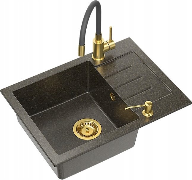 Zlewozmywak Steiner ART JOHNNY 116 (60x44x18,5) GraniteQ Art Gold Black Pearl z syfonem manualnym, baterią Maggie i dozownikiem - czarny opalizacja zł