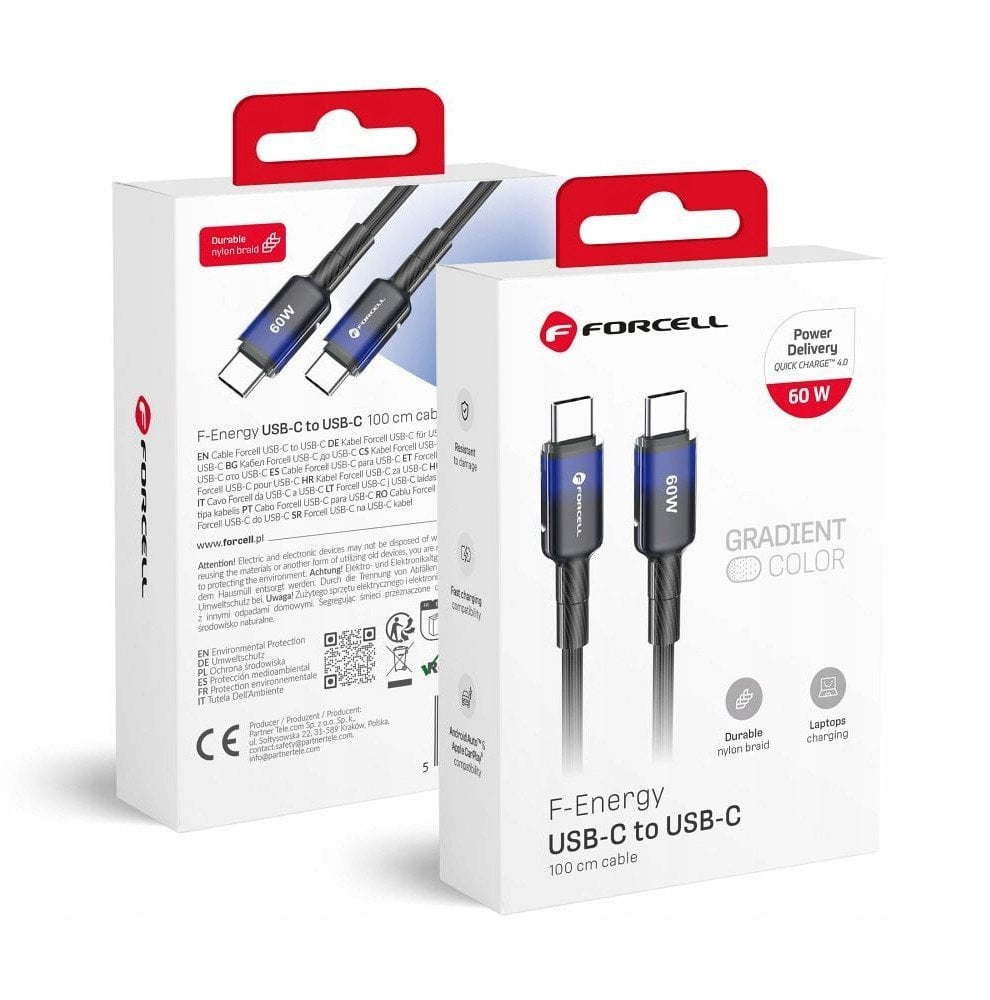 Kabel USB C do USB C Forcell F-Energy QC4.0 PD 3A 60W Gradient 1 m C354 czarny
