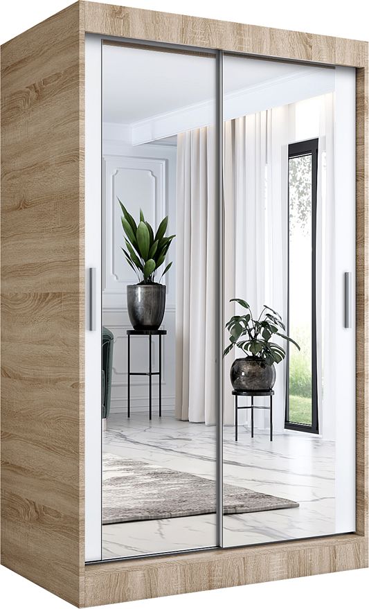 Elior Przesuwna szafa z lustrem dąb sonoma + biały 120 - Edna 3X