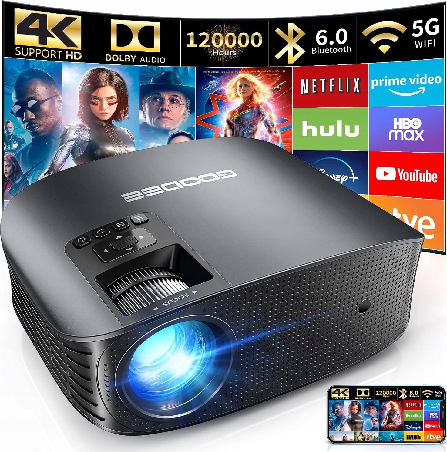 Projektor Projektor wideo AMEELA WiFi Bluetooth Full HD kino domowe Dolby Audio