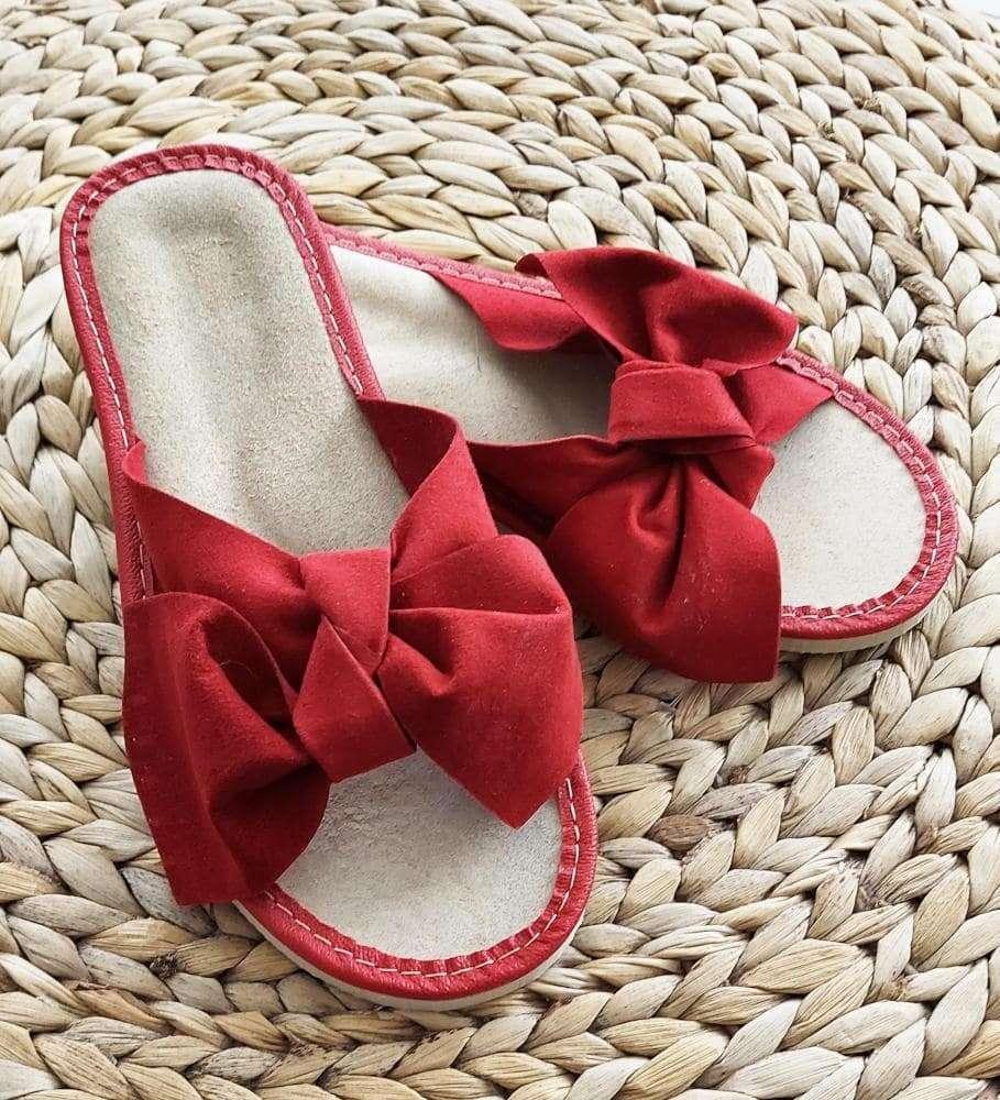 Pantofelek24 Skórzane domowe klapki z kokardą Bordowe /G5-1 8599 S194/ 39