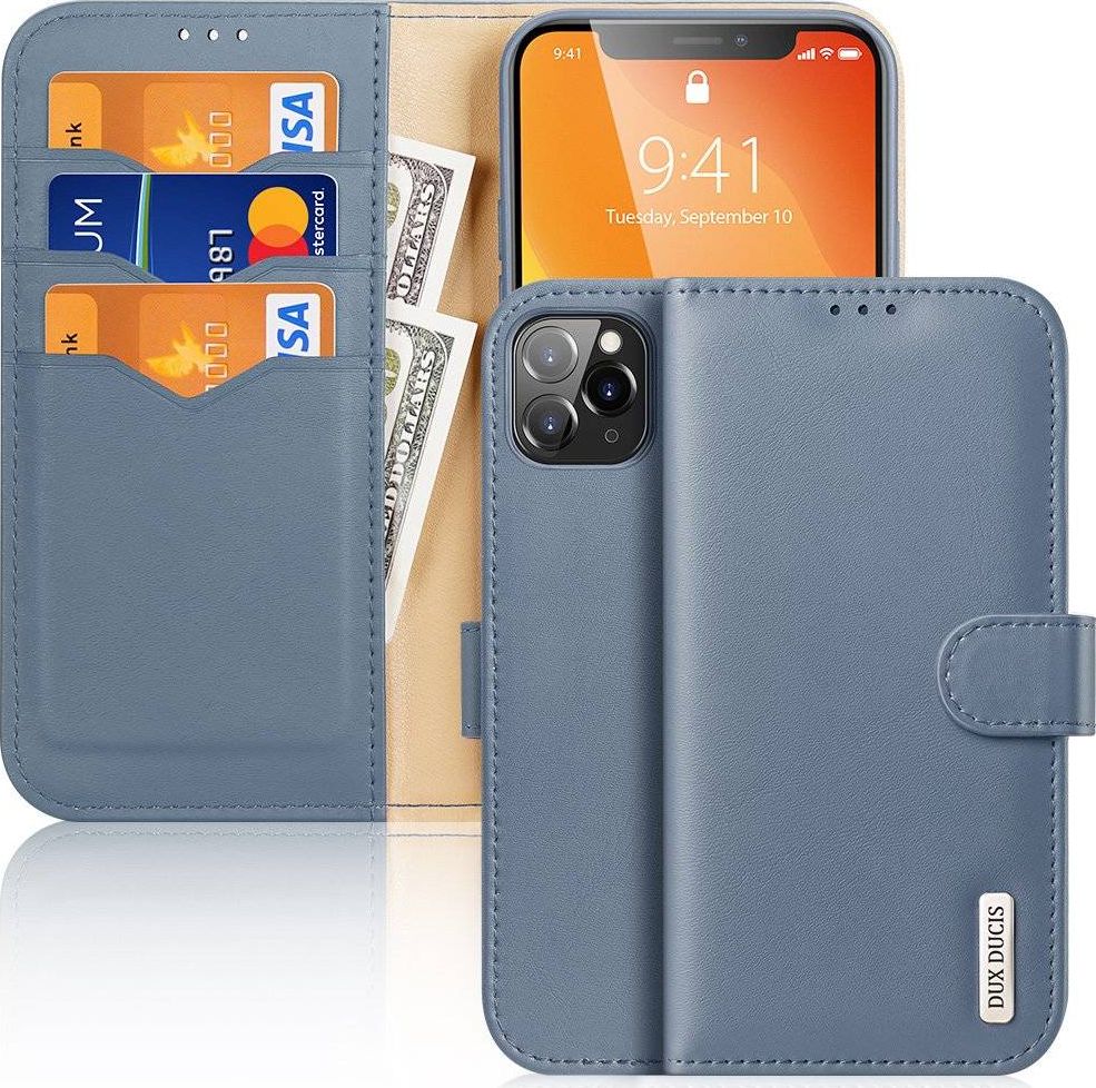 Dux Ducis Dux Ducis Hivo skórzane etui z klapką pokrowiec ze skóry naturalnej portfel na karty i dokumenty iPhone 11 Pro niebieski