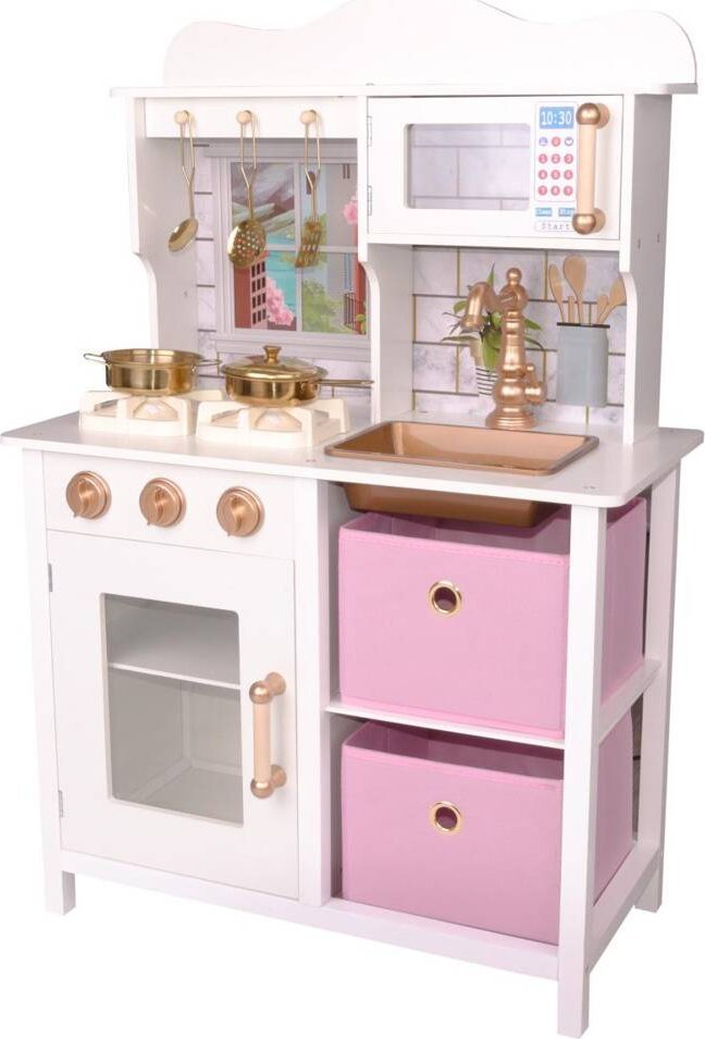 KUCHNIA DREWNIANA DLA DZIECI LAMPKA LED 60x30x88,5CM BIAŁO RÓŻOWA